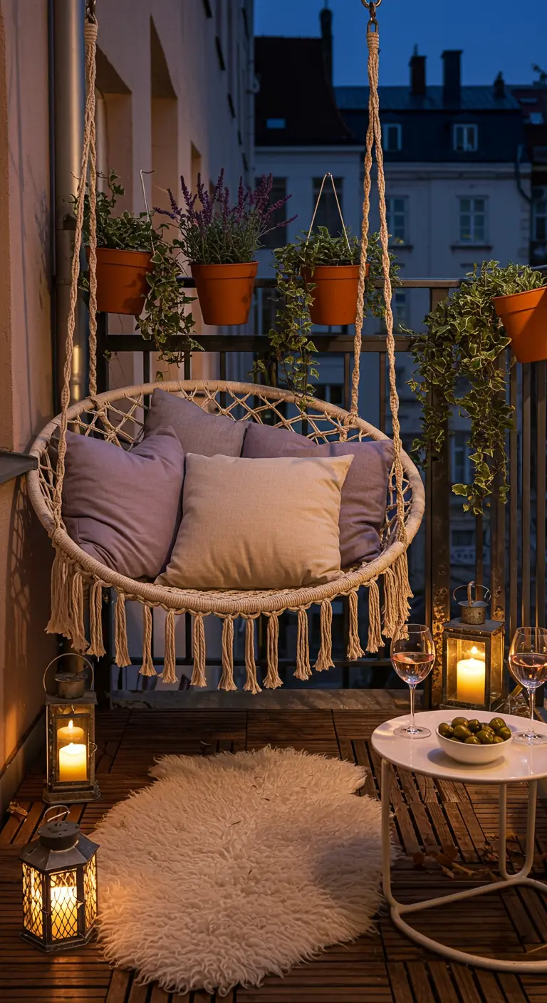 Verlicht balkon met macramé hangstoel, lantaarns, kaarsen en een schapenvacht kleed.