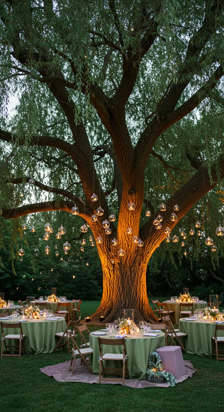 Grote boom met hangende glazen lichtjes erboven, omringd door ronde tafels.