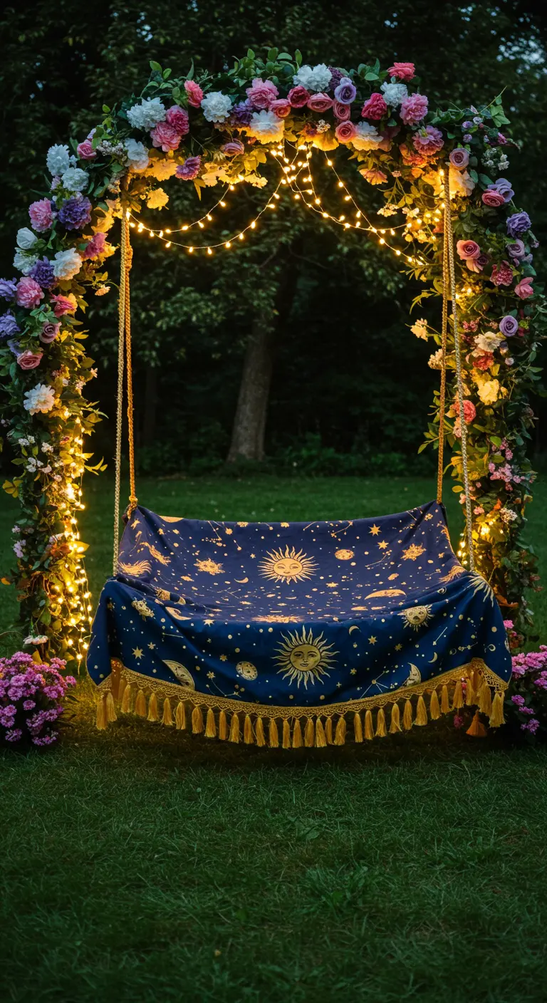 Houten schommel onder een boog van bloemen en lichtjes, met een blauw kleed met sterren.
