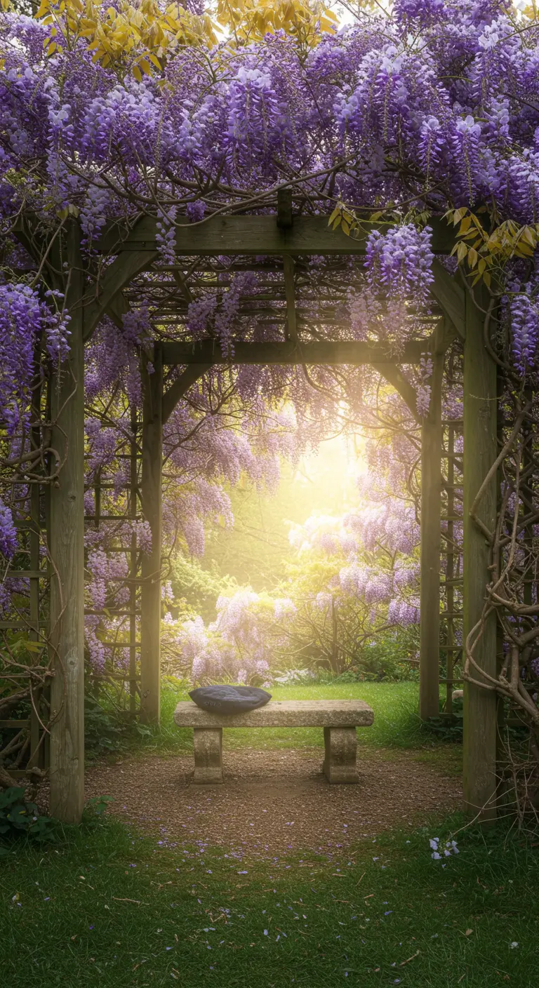 Houten pergola overgroeid met paarse blauweregen, met een stenen bankje in het gouden licht.