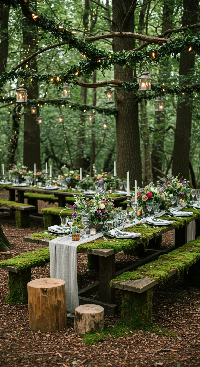 Bosdiner met lange tafels bedekt met mos, houten banken en hangende lantaarns.
