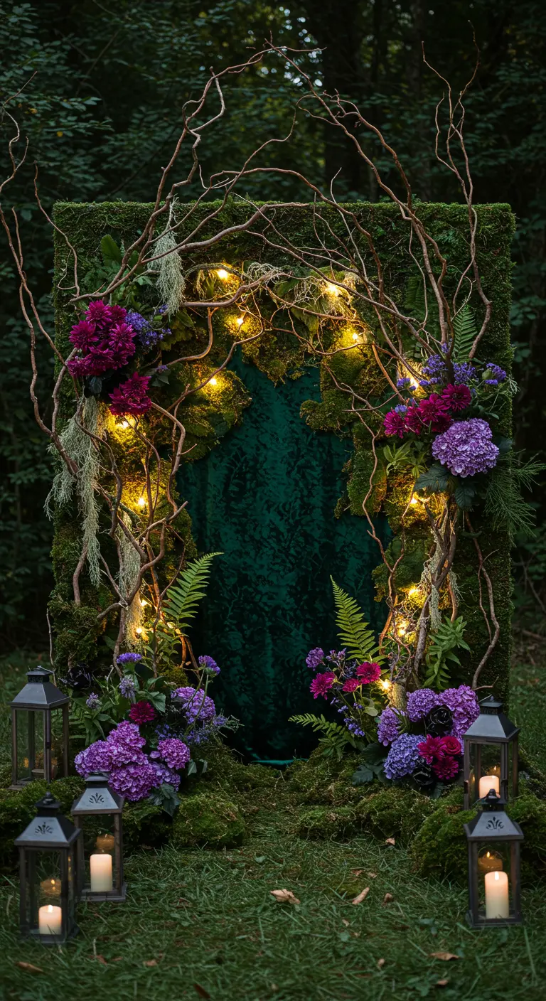 Mysterieuze bos-backdrop met mos, takken, paarse bloemen en lantaarns.