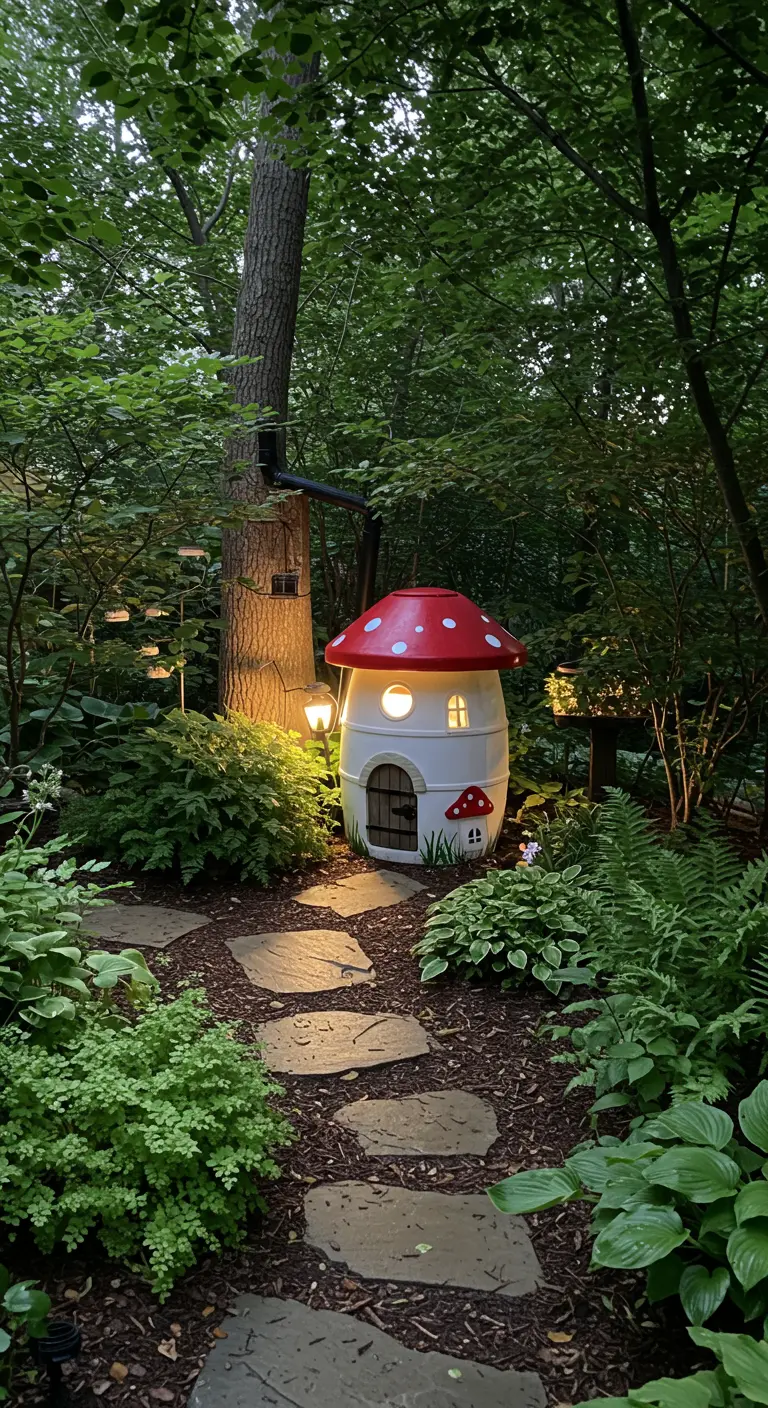 Regenton getransformeerd tot een paddenstoelhuisje met rode kap en witte stippen, verlicht in een bosrijke tuin.