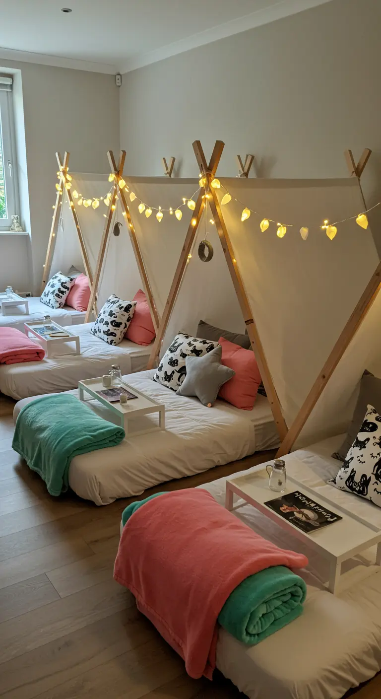 Slaapfeestje met tipi-tentjes, gekleurde dekens en lichtjes.