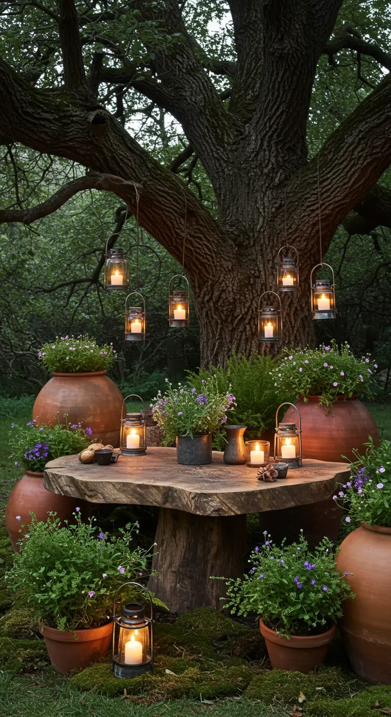 Tafel van een boomstronk onder een grote boom, met hangende lantaarns en potplanten.