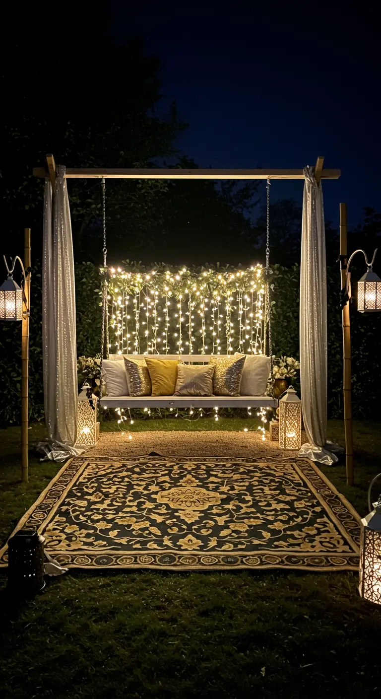 Romantisch verlichte schommelbank 's nachts met gordijnen en een groot tapijt.