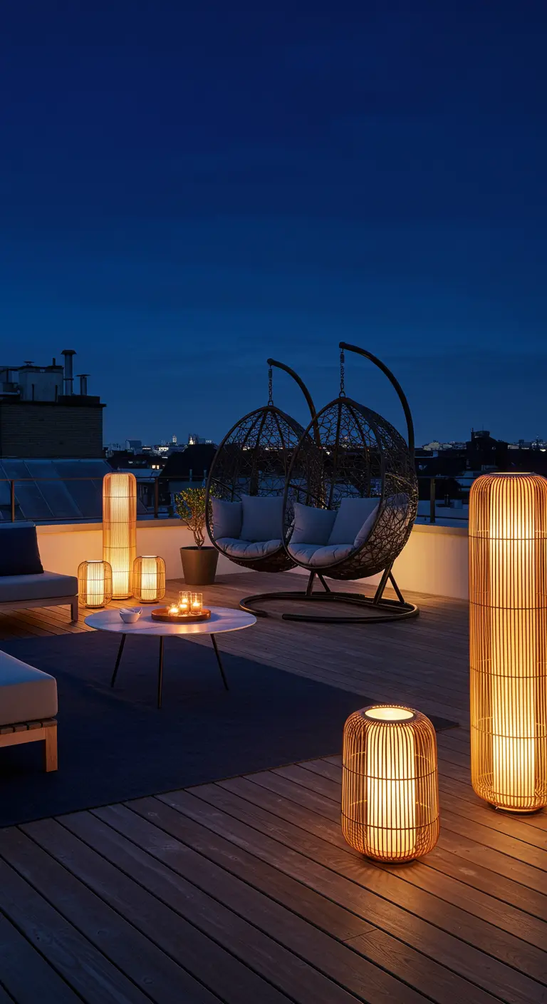 Dakterras bij nacht met twee hangstoelen en sfeervolle bamboe vloerlampen.