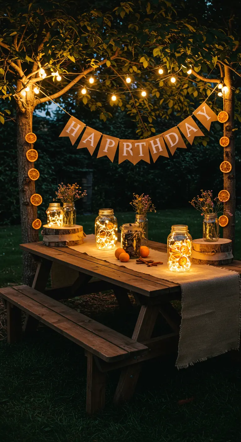 Picknicktafel met 'Happy Birthday' slinger en lichtjes in potten.