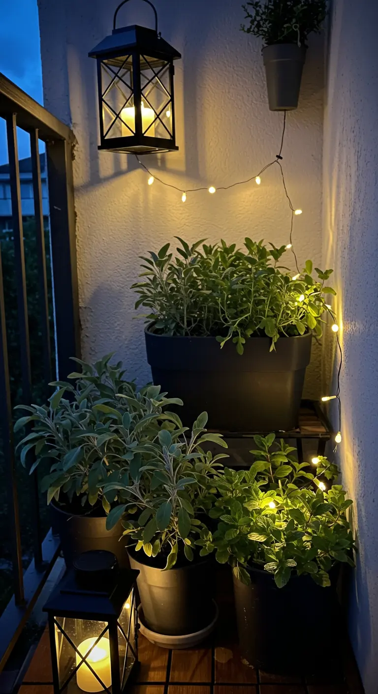 Kruidenhoek in de avond, sfeervol verlicht met lantaarns en een lichtsnoer.