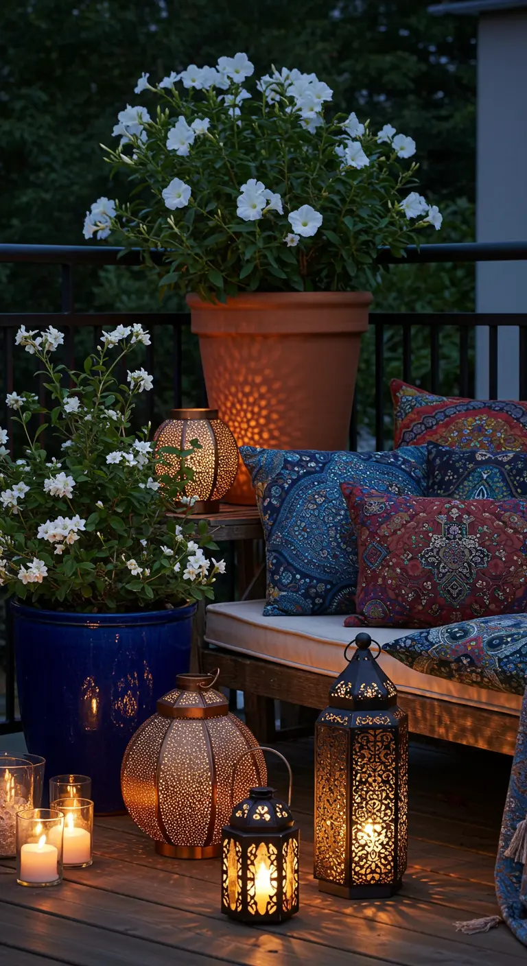 Sfeervol verlicht balkon met Marokkaanse lantaarns, kaarsen en kussens met paisley-patroon.