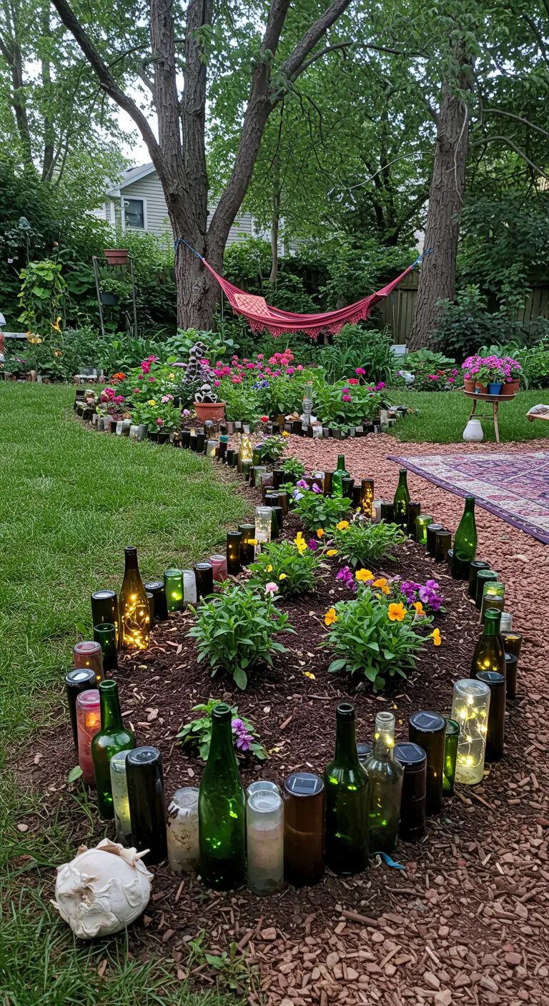 Border van omgekeerde wijnflessen rond een bloembed, met lichtjes in sommige flessen.