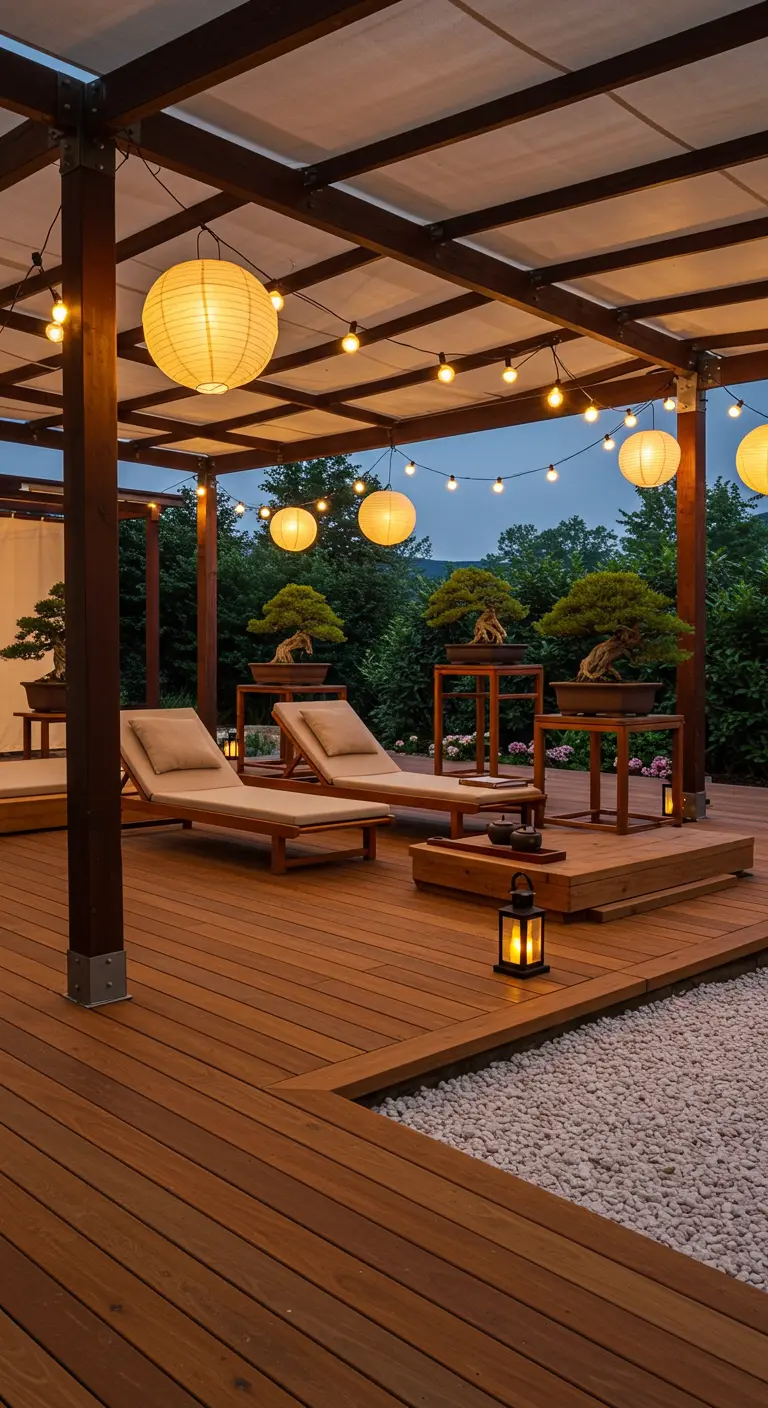 Houten terras met ligbedden, bonsaibomen en sfeervolle verlichting met lampionnen.