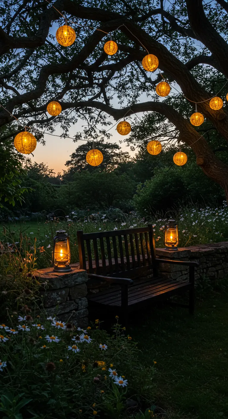 Tuinbank in de schemering, verlicht door lampionnen in een boom en olielampen.