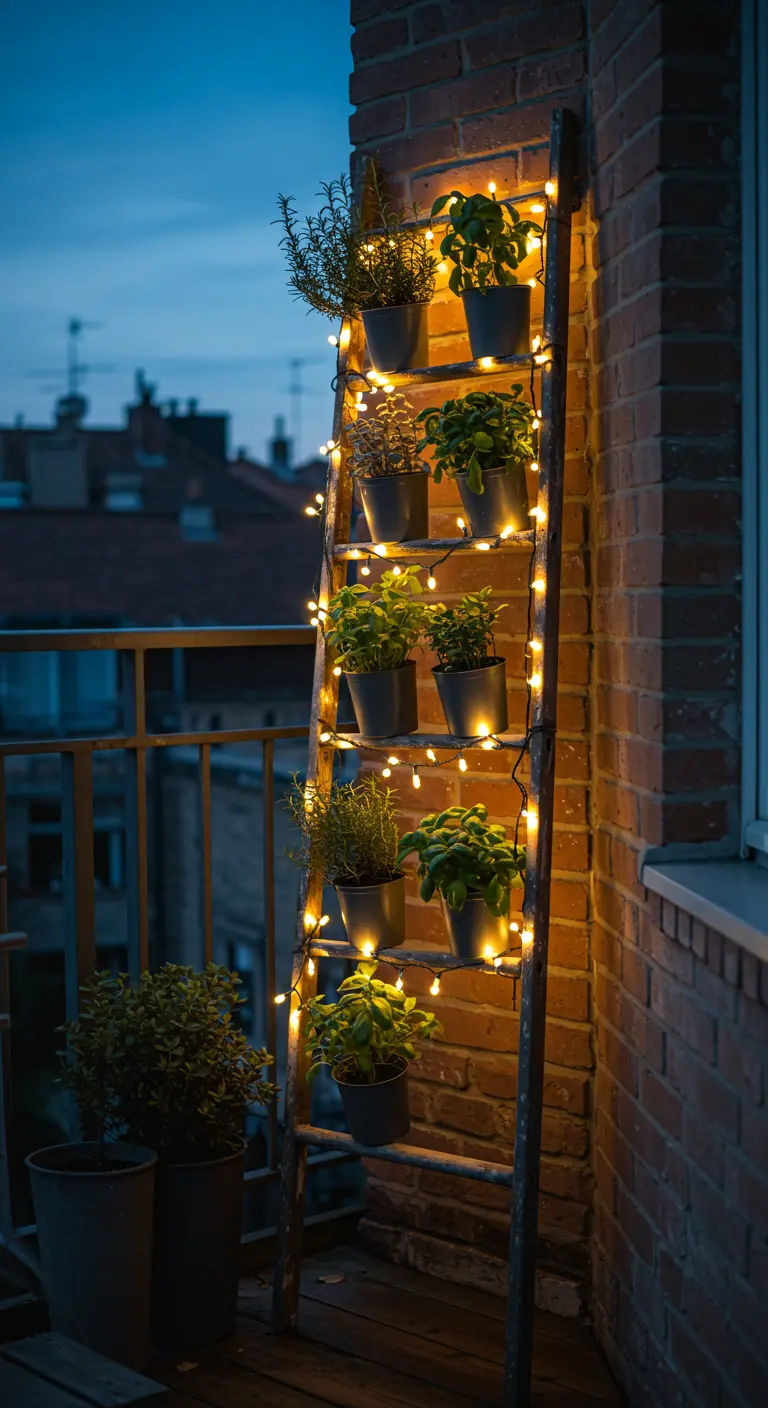 Houten ladder tegen een bakstenen muur, versierd met lichtjes en potten met kruiden in de avond.