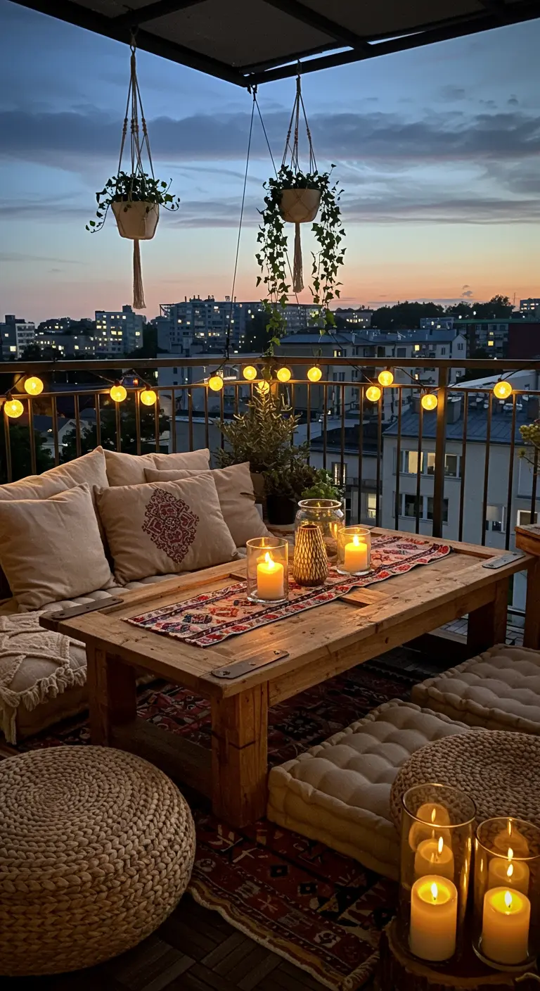 Lage houten tafel van een deur op een balkon, met kussens, kaarsen en uitzicht over de stad.