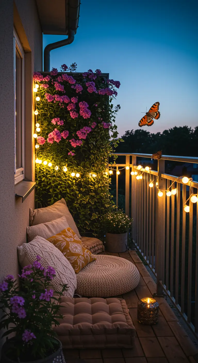 Knus balkon 's avonds met lichtslingers, kussens en een bloeiende klimplant, met een vlinder.