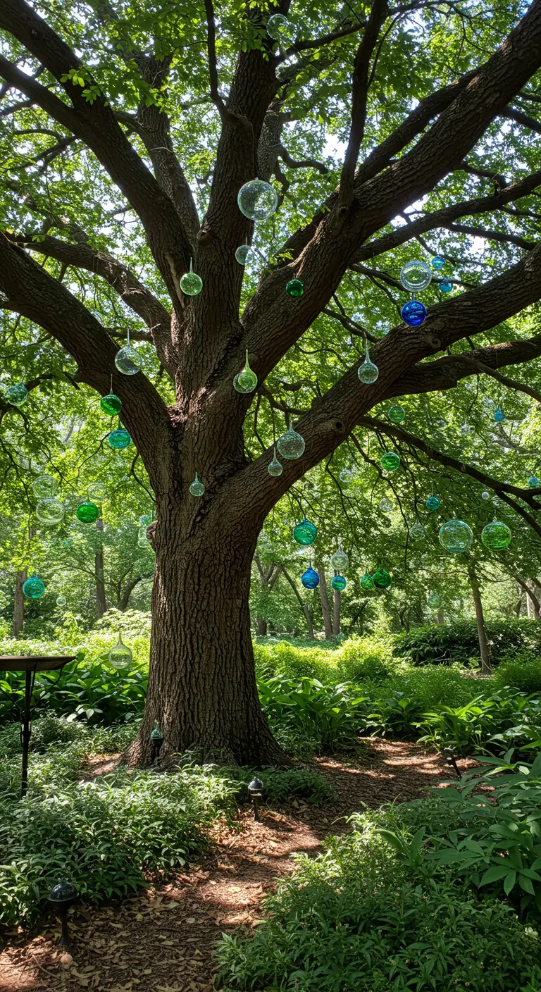 Grote boom met tientallen hangende glazen bollen in groene en blauwe tinten.