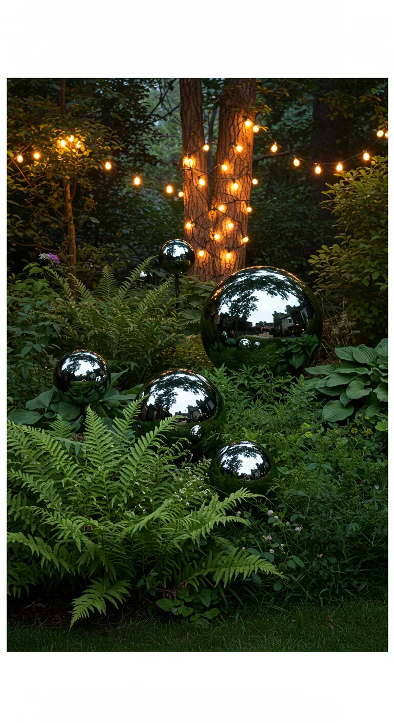 Glimmende spiegelbollen van verschillende formaten tussen varens en lichtjes.