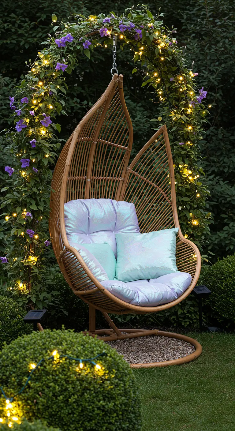 Bamboe hangstoel met parelmoerkleurige kussens, staand onder een met planten en lichtjes versierde boog.