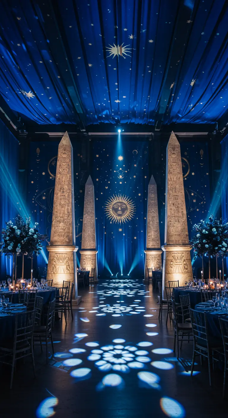 Feestzaal met Egyptische obelisken en een plafond als sterrenhemel.