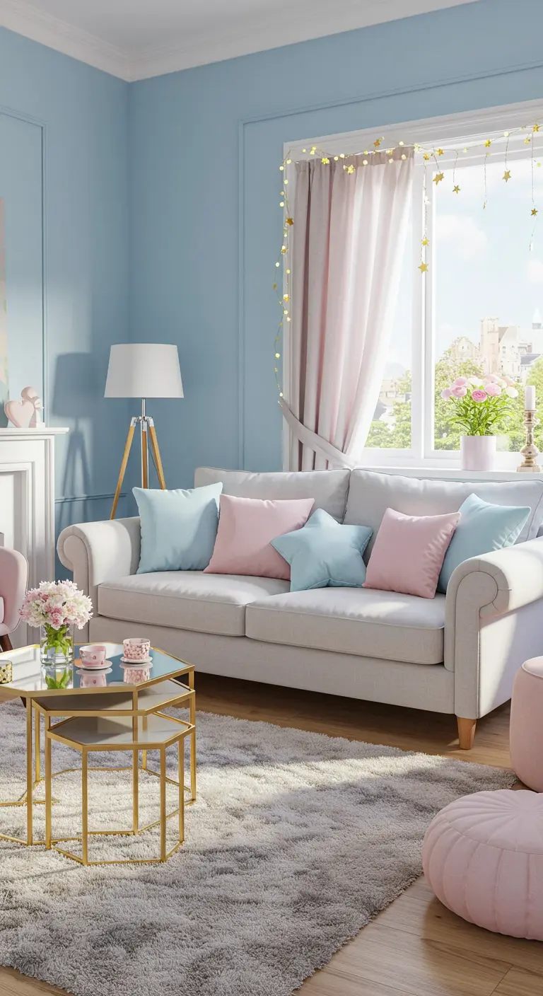 Lichtblauwe woonkamer met een lichtsnoer rond het raamkozijn.
