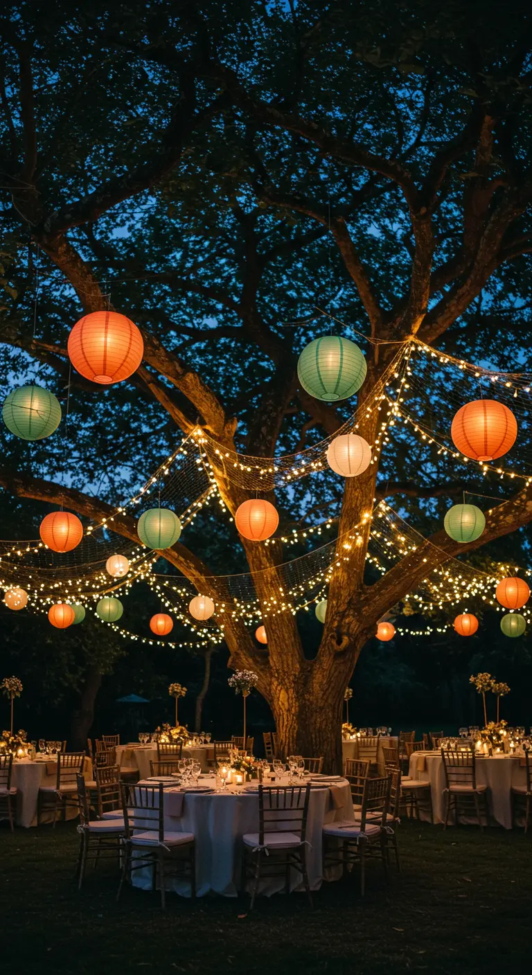 Grote boom versierd met lichtslingers en papieren lampionnen in koraal- en zeegroentinten.