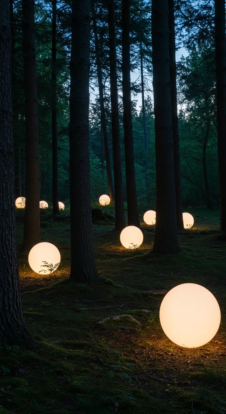 Grote, lichtgevende bollen verspreid over de grond in een donker bos.