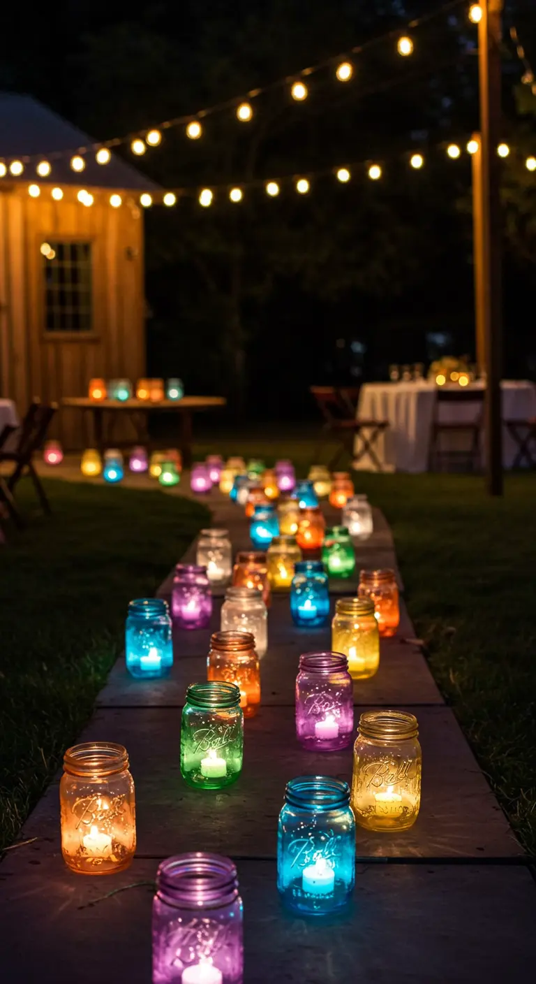 Een pad verlicht door gekleurde glazen potjes met kaarsjes erin.