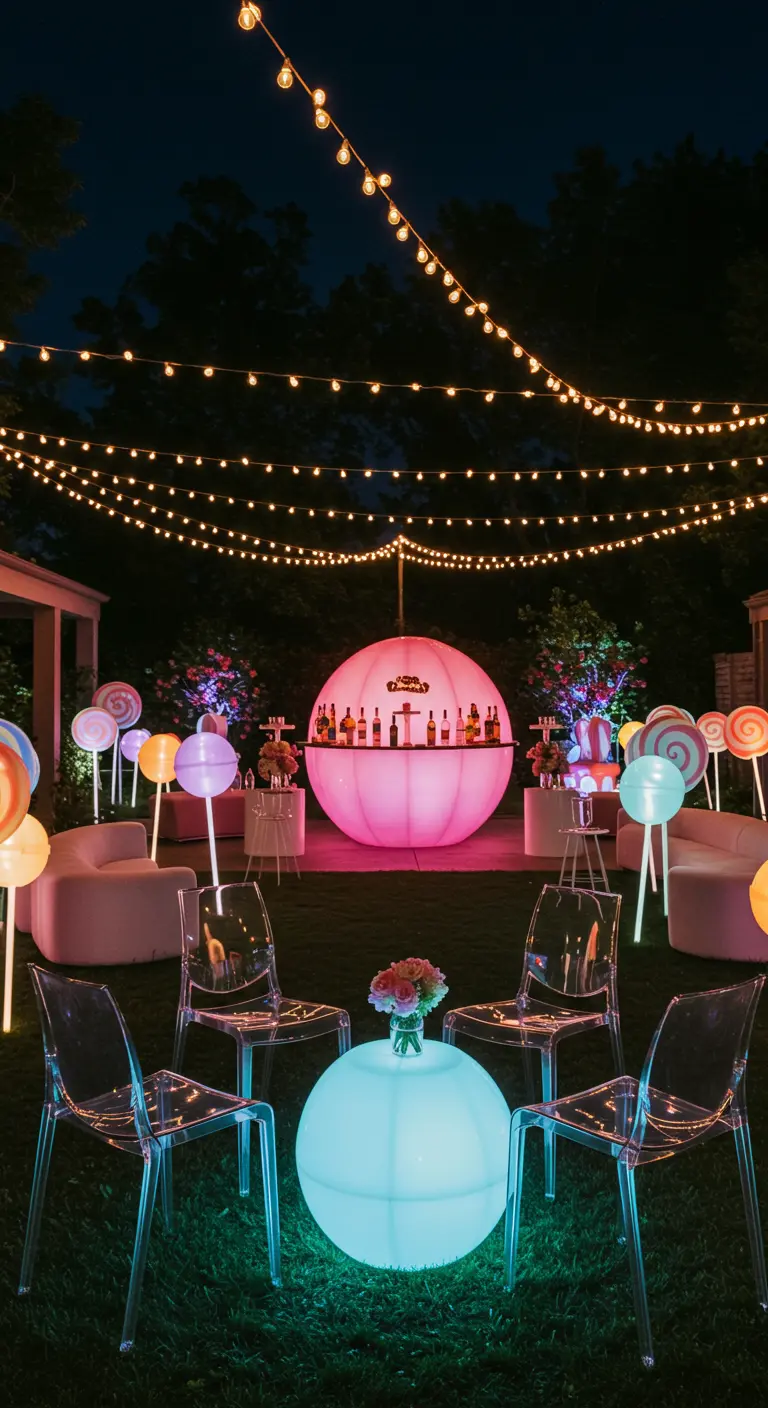 Nachtelijk tuinfeest met een lichtgevende bar en lolly-lampen.