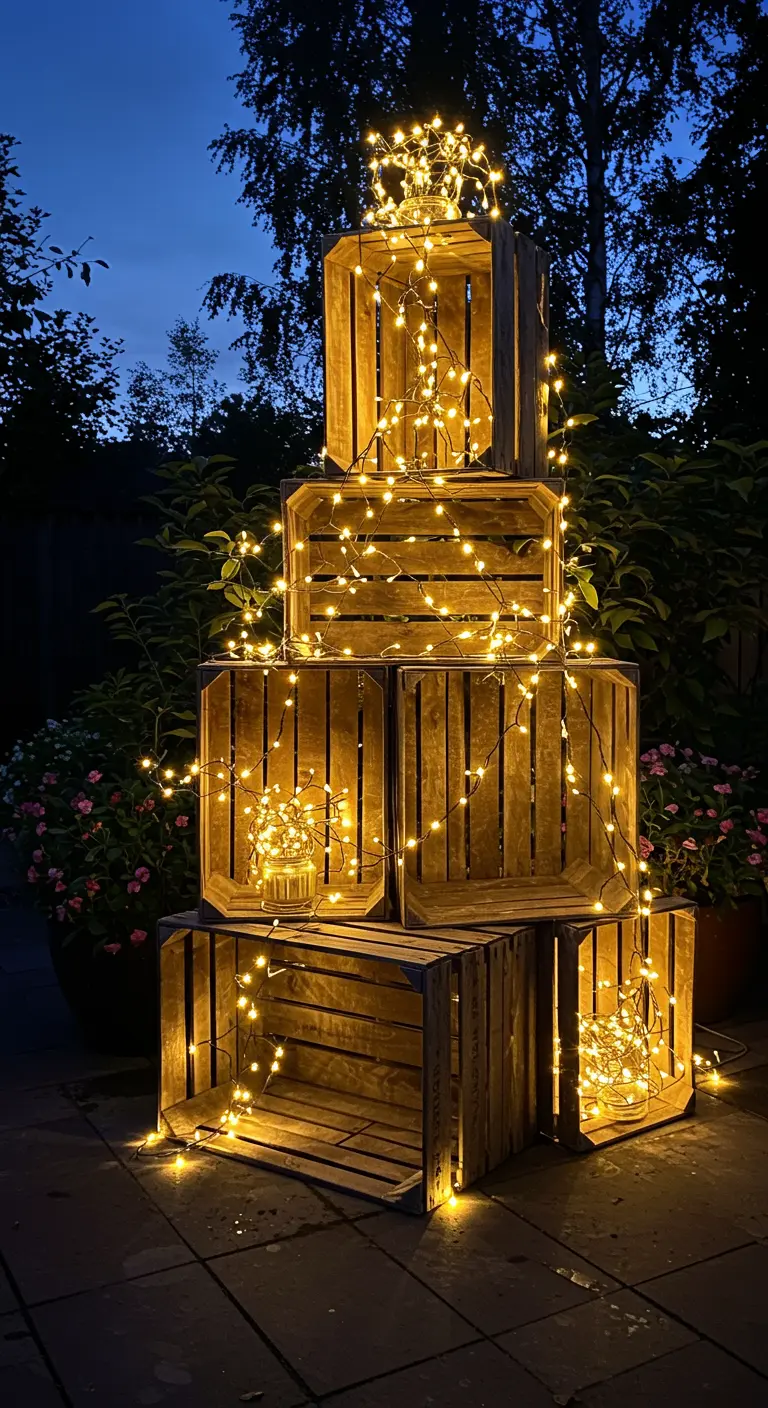 Een piramide van houten kratten, 's nachts verlicht met talloze kleine lichtjes.