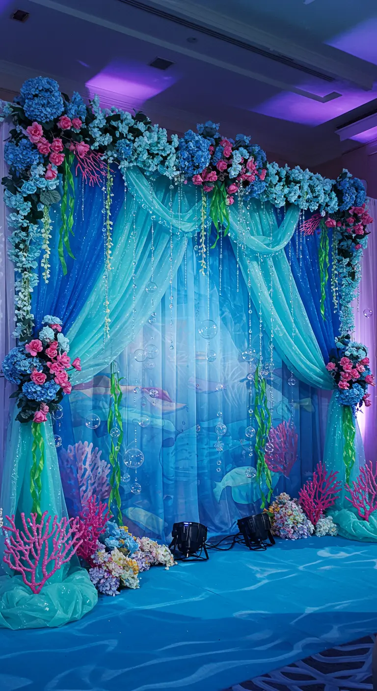 Onderwater thema backdrop met blauwe doeken, bubbels, koraal en bloemen.