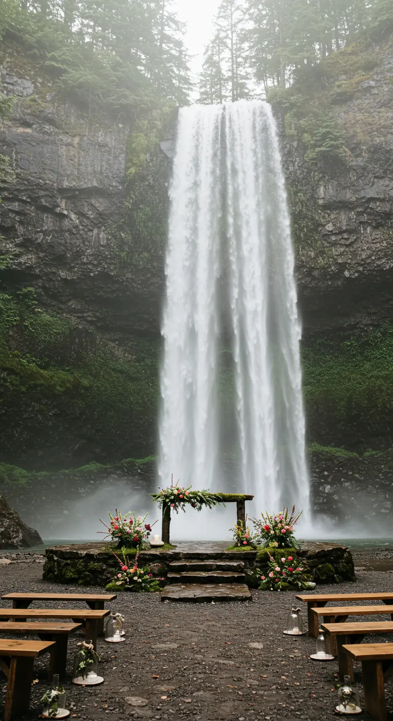Ceremonieplek voor een grote, indrukwekkende waterval met een houten altaar en kleurrijke bloemen.