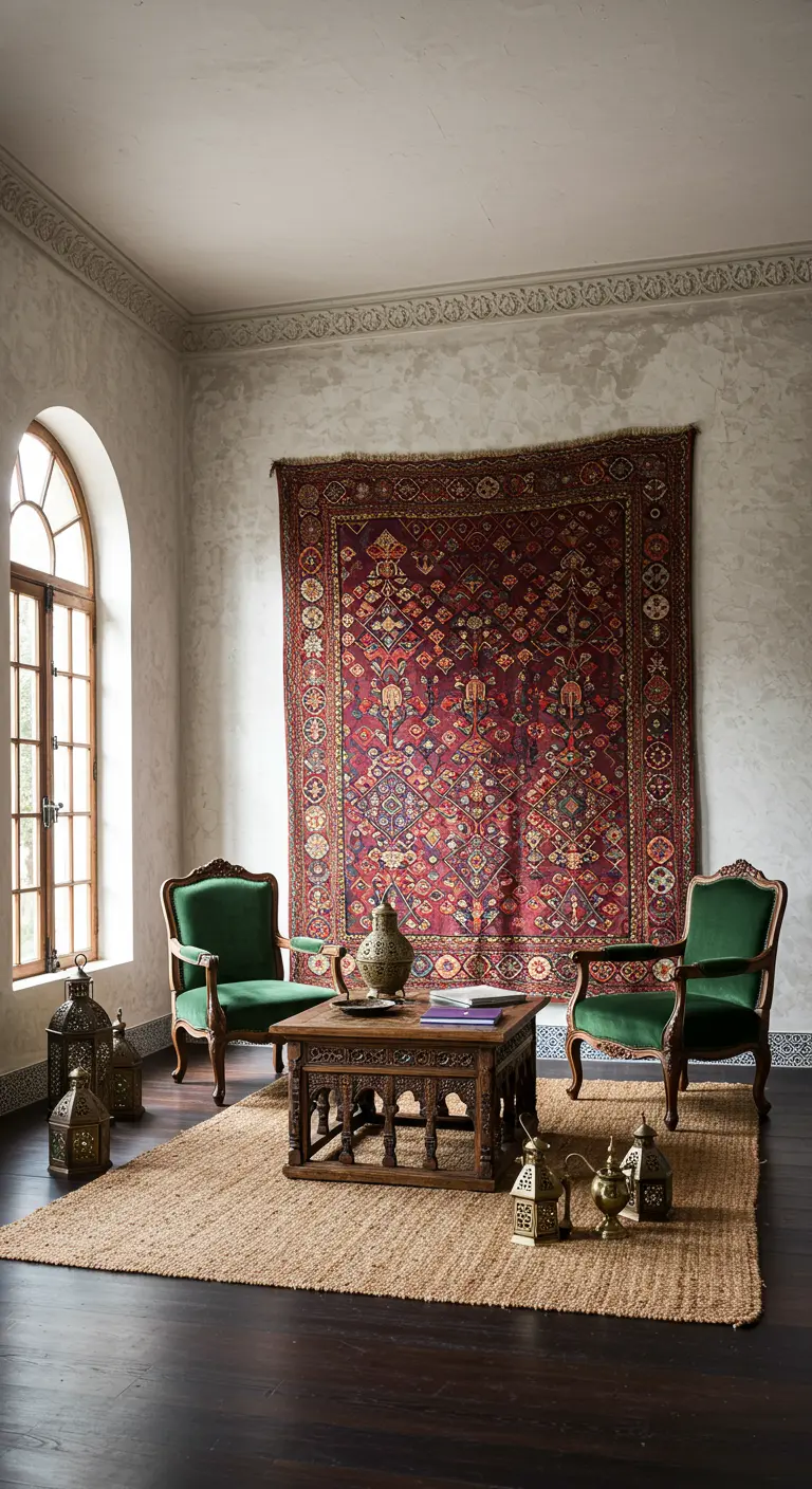 Grote woonkamer met een rood wandtapijt, houten salontafel en groene fluwelen stoelen.