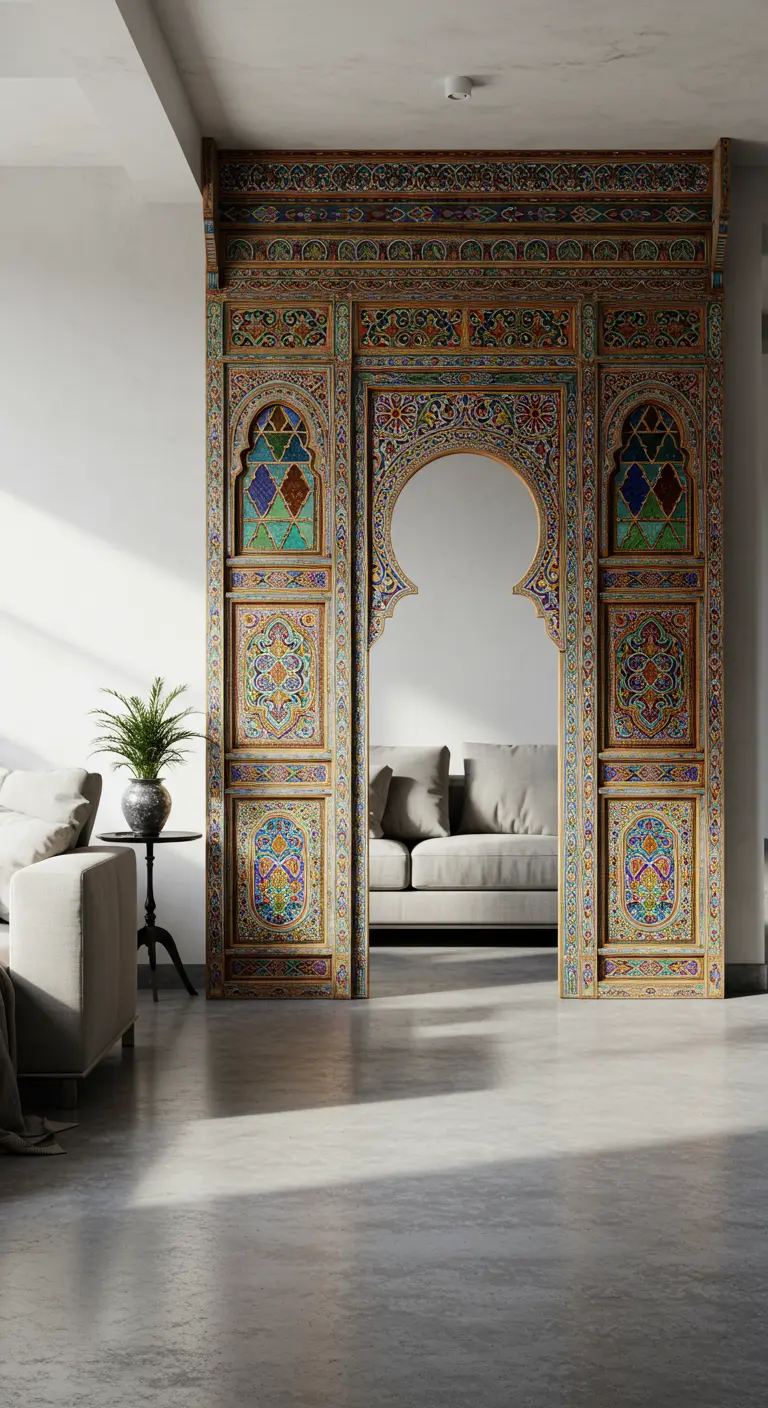 Sierlijke, kleurrijk beschilderde Marokkaanse deurpost als decoratief element in een woonkamer.