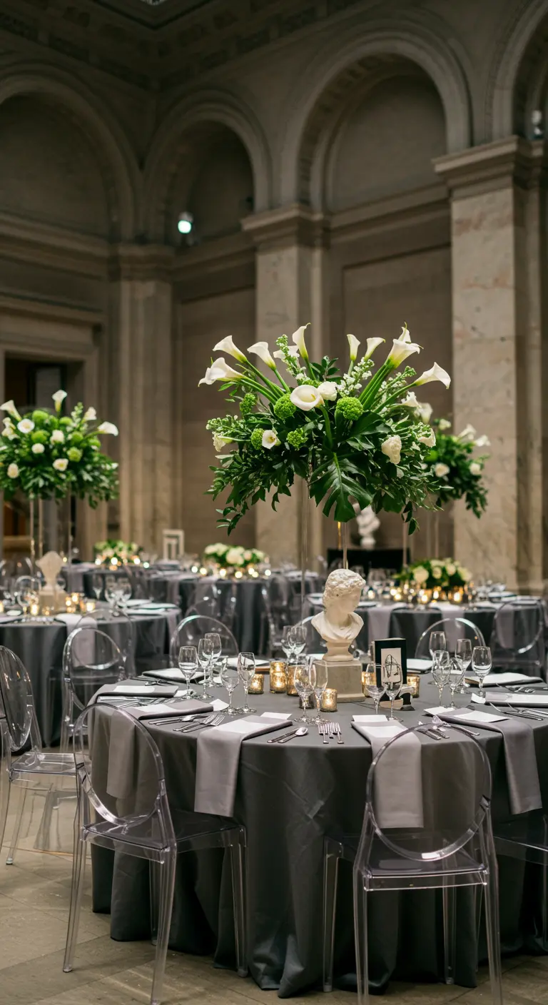 Grand hall wedding with grey tables, ghost chairs, white and green flowers, and busts.