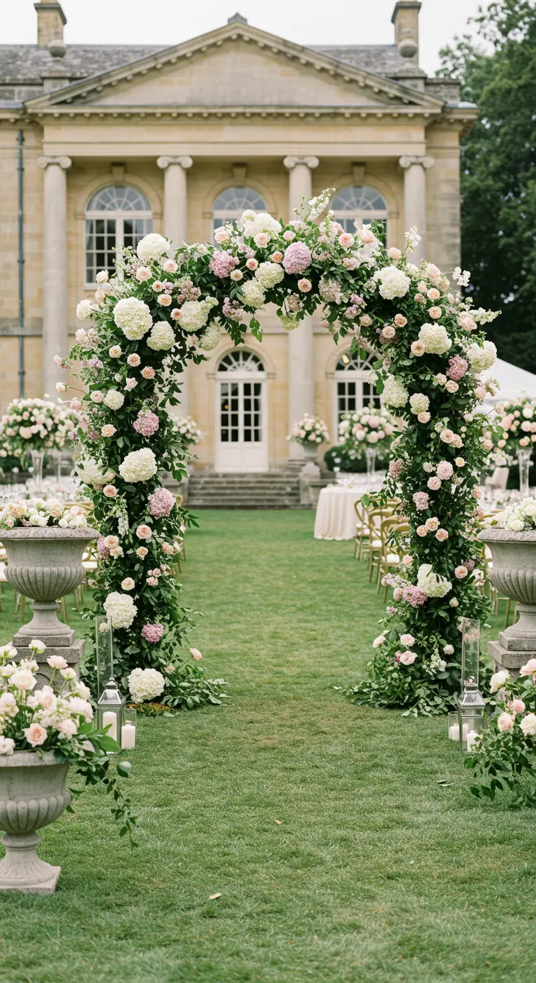 Grote bloemenboog met witte hortensia's en roze rozen voor een statig gebouw.