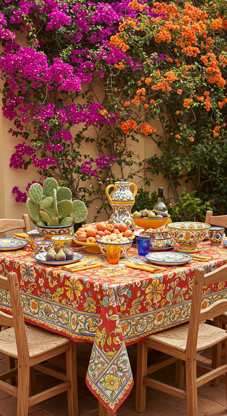 Kleurrijke Mediterrane tafel met een tafelkleed en servies in Majolica-stijl.