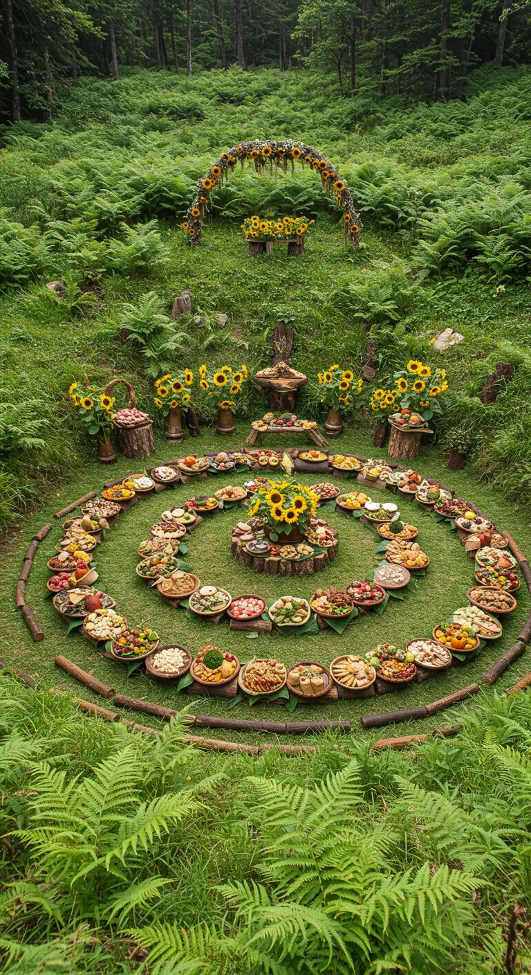 Cirkelvormig buffet van hapjes op de grond in het bos, met zonnebloemen.
