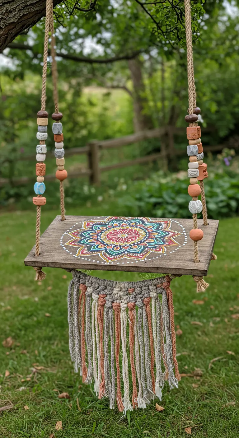 Houten schommelplank met een handgeschilderde mandala en kralen aan de touwen.