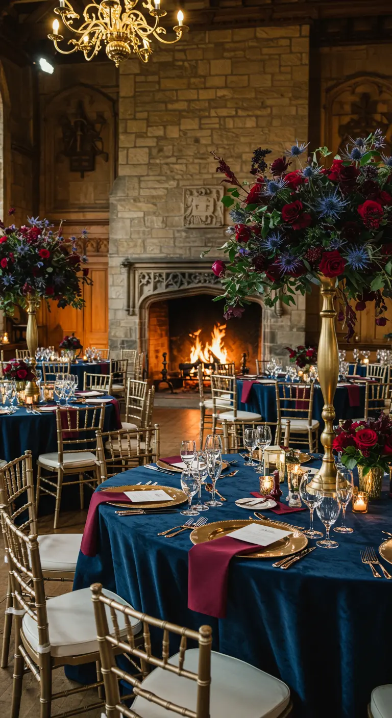 Luxe tafelsetting in een kasteel met een marineblauw tafelkleed, bordeauxrode servetten en gouden details.