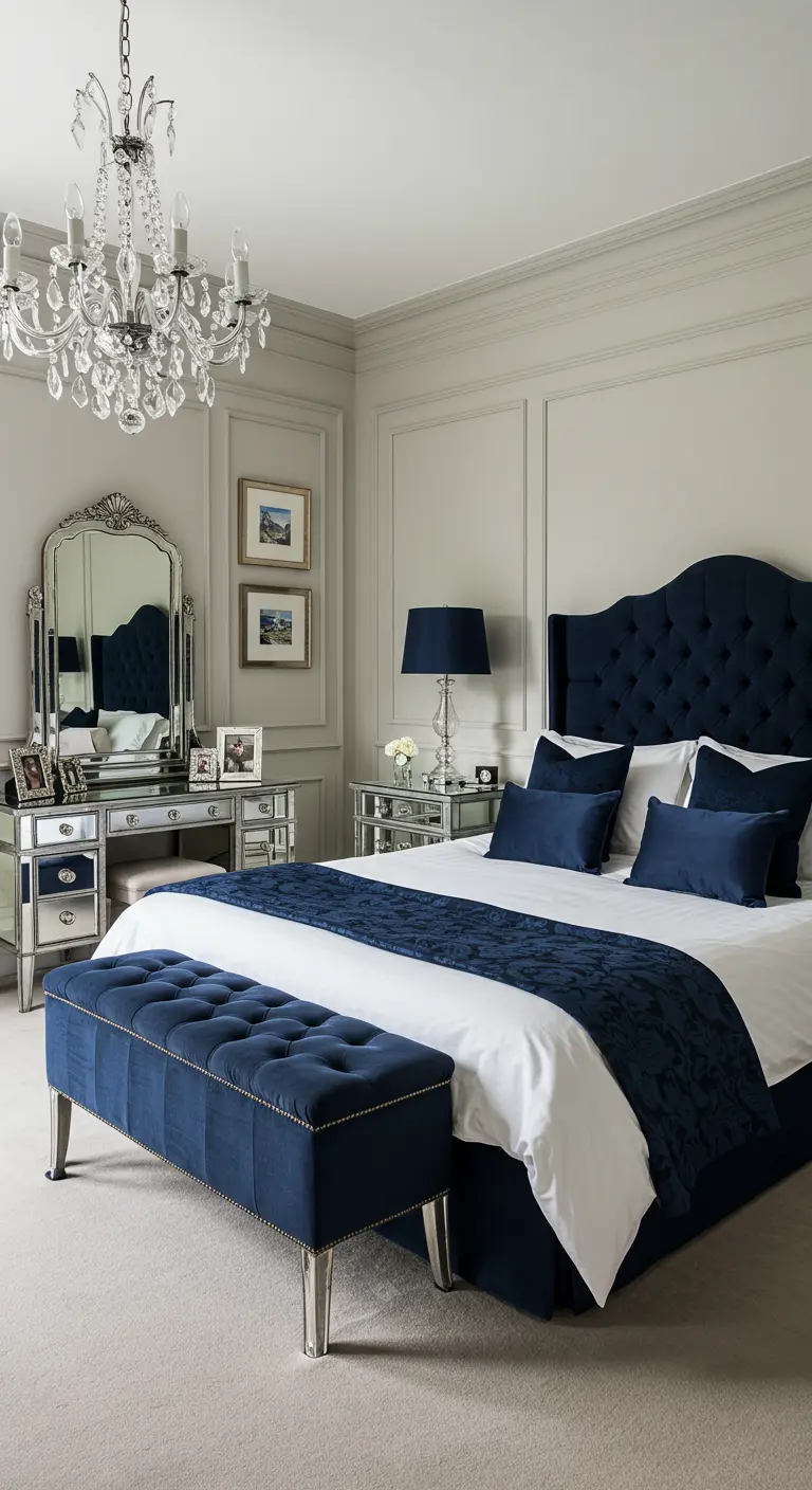Marineblauwe slaapkamer met fluwelen bed, spiegelmeubels en een kristallen kroonluchter.