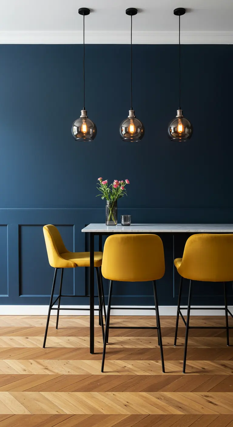 Eetkamer met een marineblauwe muur, een witte bartafel en felgele stoelen.