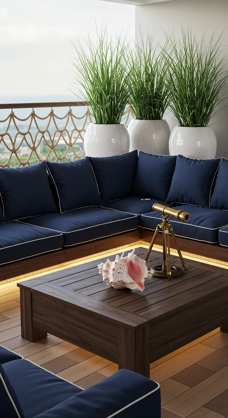 Elegant nautisch balkon met marineblauwe loungebank, touwreling, warme LED-verlichting en decoratieve schelp en verrekijker.