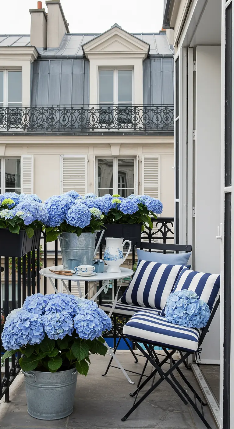 Balkon met blauwe hortensia's in zinken emmers en kussens met blauw-witte strepen.