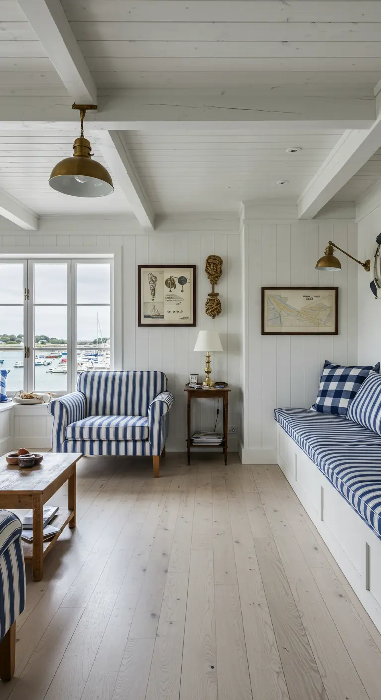 Lichte woonkamer met wit houten lambrisering en meubels met blauw-witte strepen.