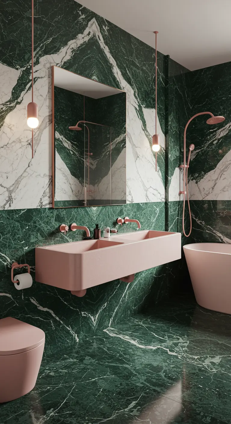 Luxe badkamer met groen-wit marmer, een zwevende roze wasbak en roze kranen.