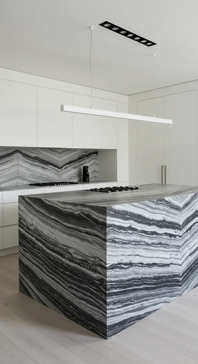 Minimalistische witte keuken met een groot kookeiland van dramatisch zwart-wit gestreept marmer.