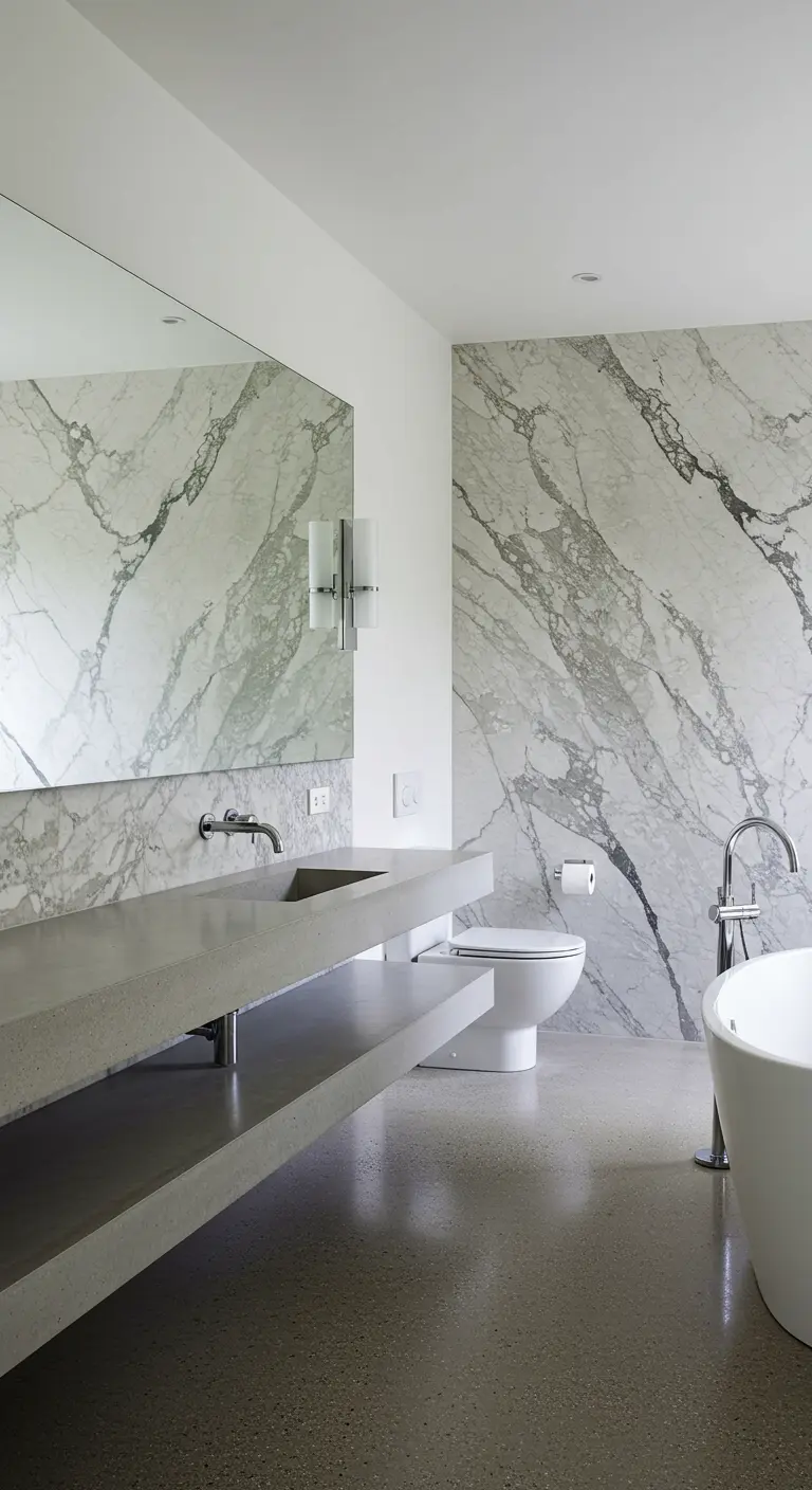 Moderne badkamer met een grote marmeren accentwand en een betonnen wastafel.