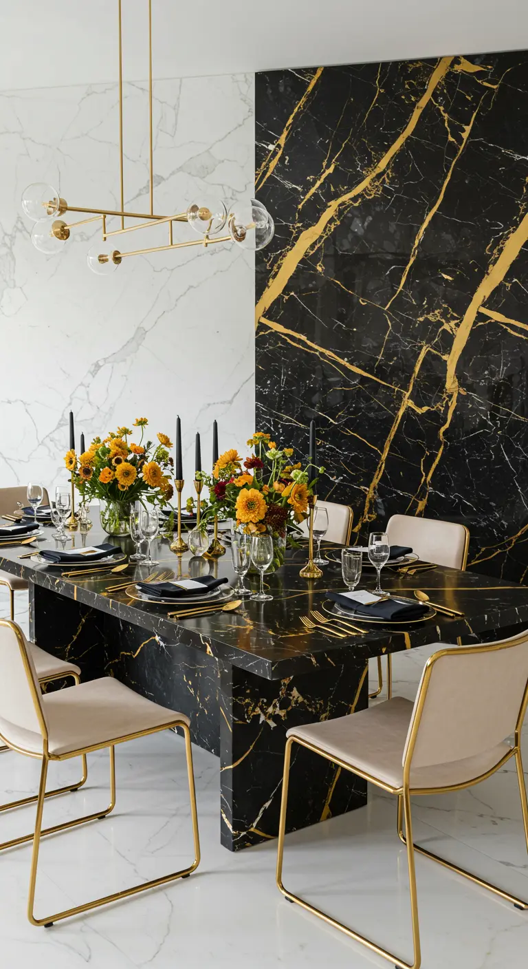 Eettafel van zwart marmer voor een wand van hetzelfde materiaal, met kleurrijke bloemen.