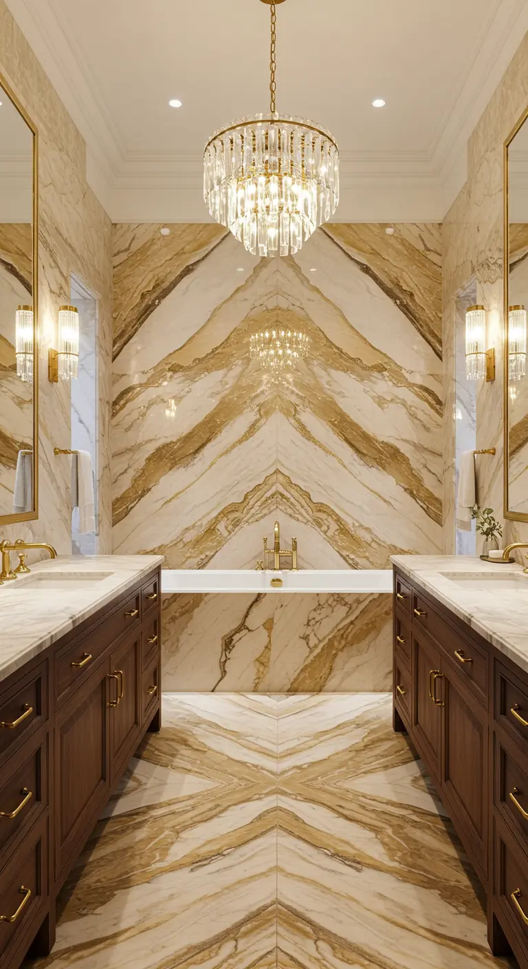 Luxueuze badkamer met gespiegeld marmerpatroon op de muur en vloer en een kroonluchter.